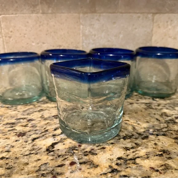 Blown Glass from Mexico Vintage CobaltBlue Rim Set of 4 Tumblers - see below - Picture 1 of 4